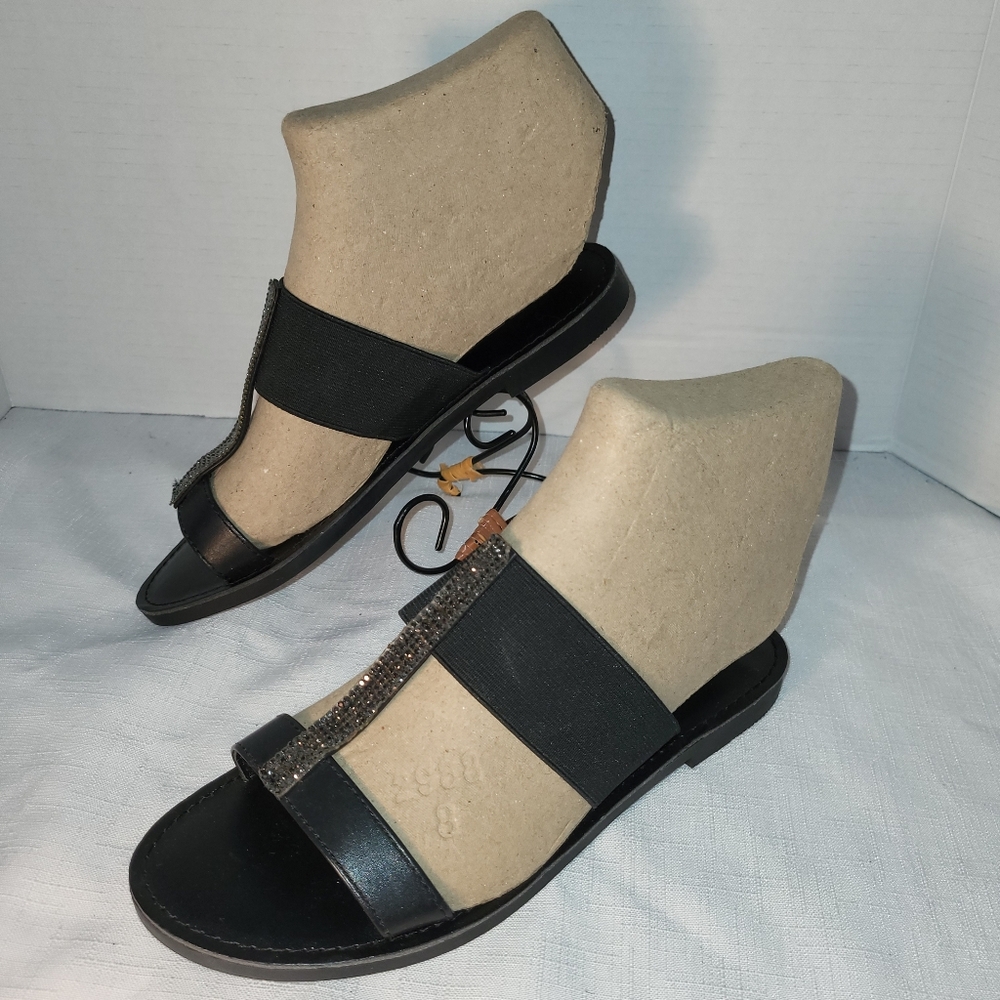 Soda Slide Sandals Black Embellished Double Strap Rhinestones Flats Women Sz 6.5
